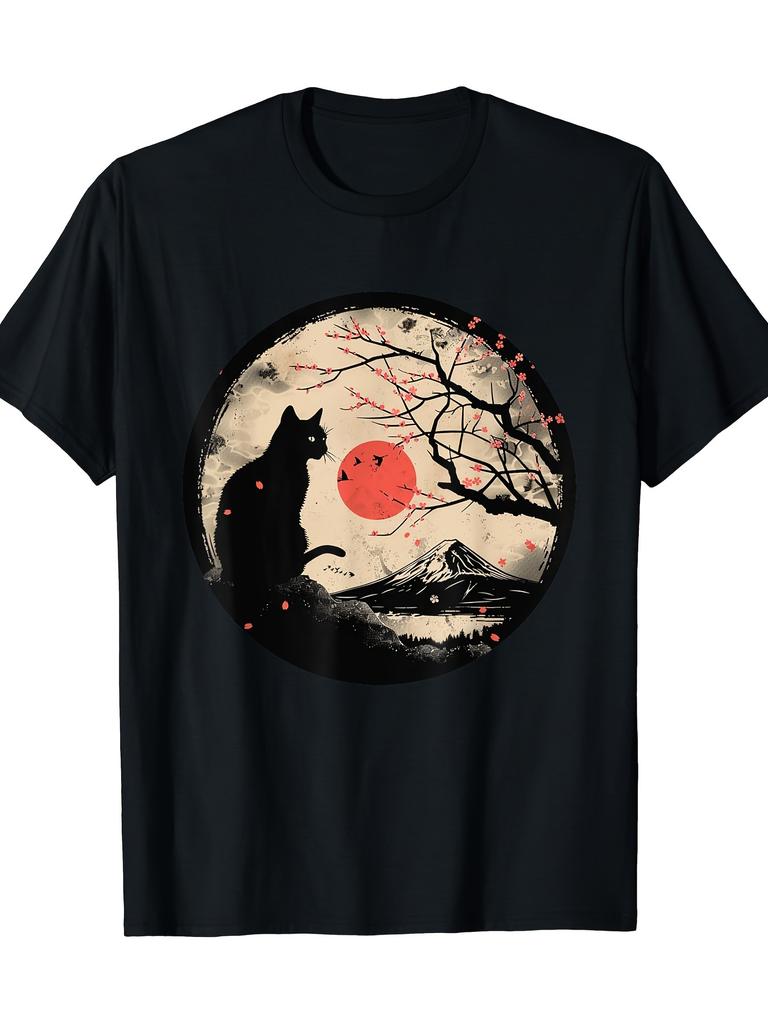 Black Cat Mount Fuji Cherry Blossom Graphic Tee Breathable Cotton Casual TShirt