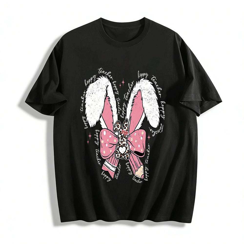 Easter Bunny Ear Pencil Bow Teacher Themed Print Casual Top Pure cotton T-shirt XXS
