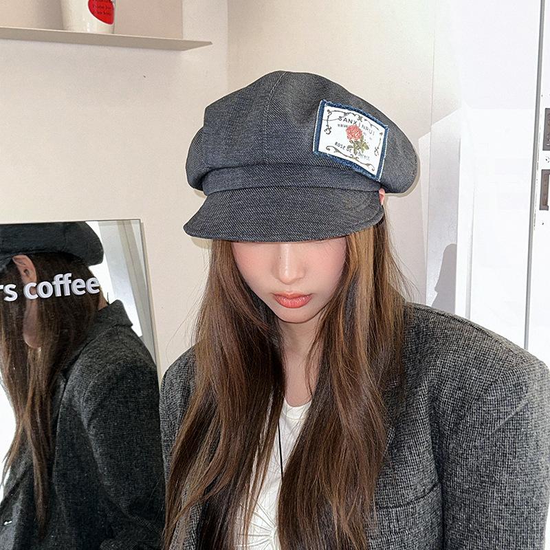 

25 ранняя осень новая нашивка с буквой широкополая шляпа от солнца берет женская маленькое лицо облачная шляпа head circumference 54-59CM серый