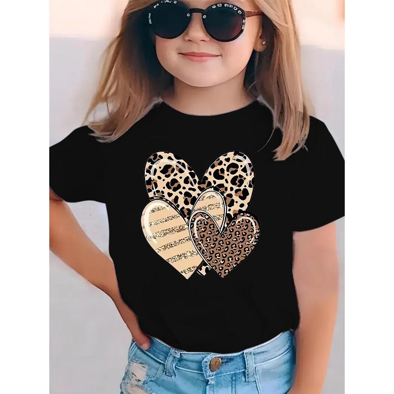Tailles européennes Mode d'été T-shirt à manches courtes pour filles avec imprimé léopard et design en forme de cœur, Décontracté et polyvalent