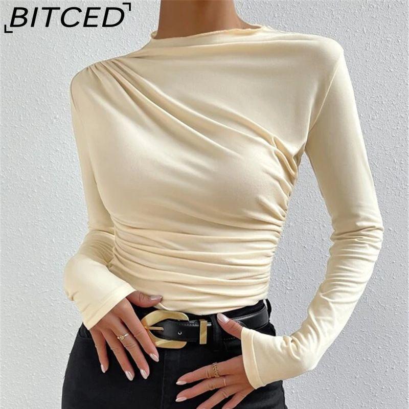 BITCED Solid-colour Fitted Base Layer Top Versatile Pleated Detailing Long-sleeved T-shirt Women's Blouse
