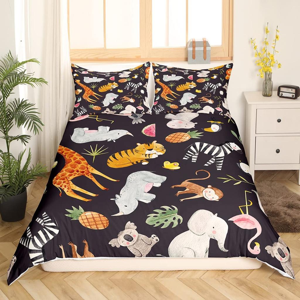 Woodland Theme King Queen Duvet Cover Cute Cartoon Animal Bedding Set Bear Tree Wildlife Comforter Cover Polyester Quilt Cover
