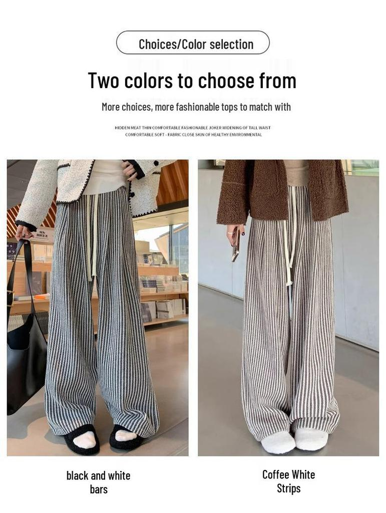 American Retro Pinstripe Woolen Petite Wide-Leg Pants - Casual Straight-Leg Streetwear 145cm