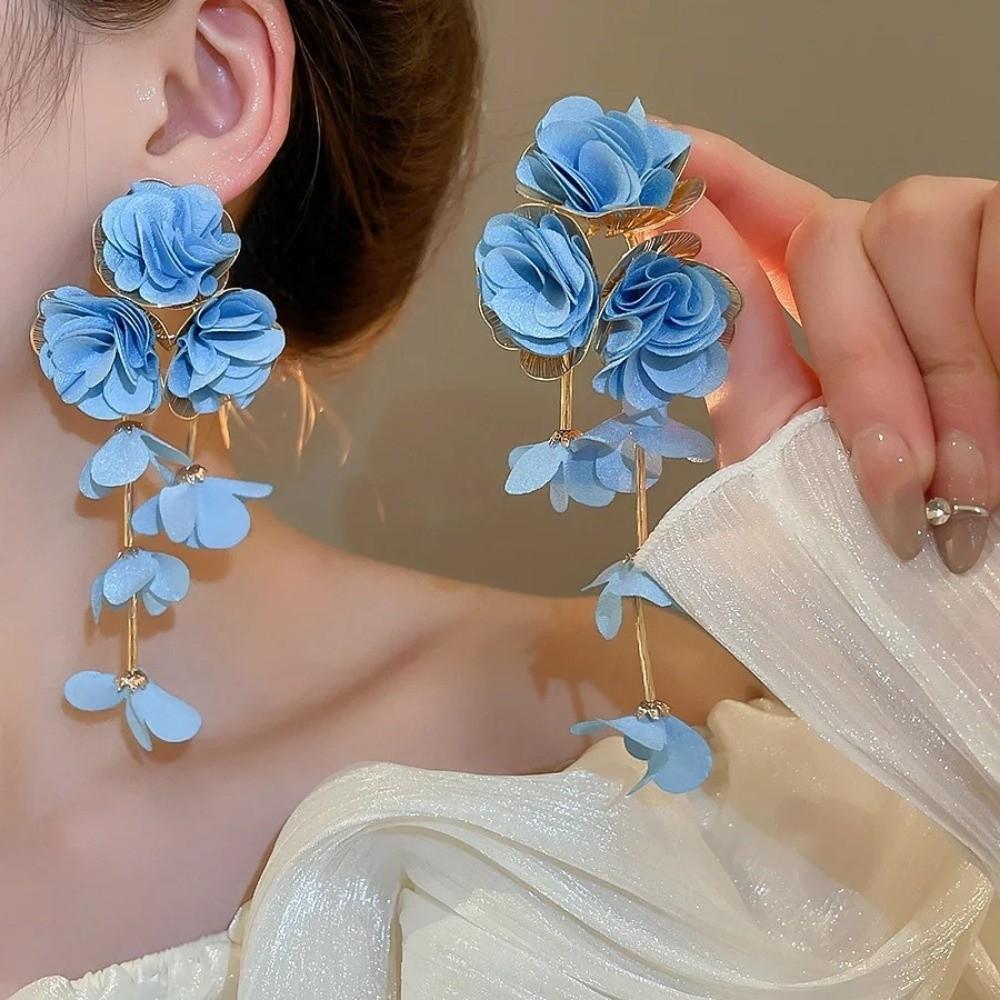 Chiffon Flowers Tassel Earrings Multicolor Women Earrings Sweet Long Drop Earring  Ear Jewelry