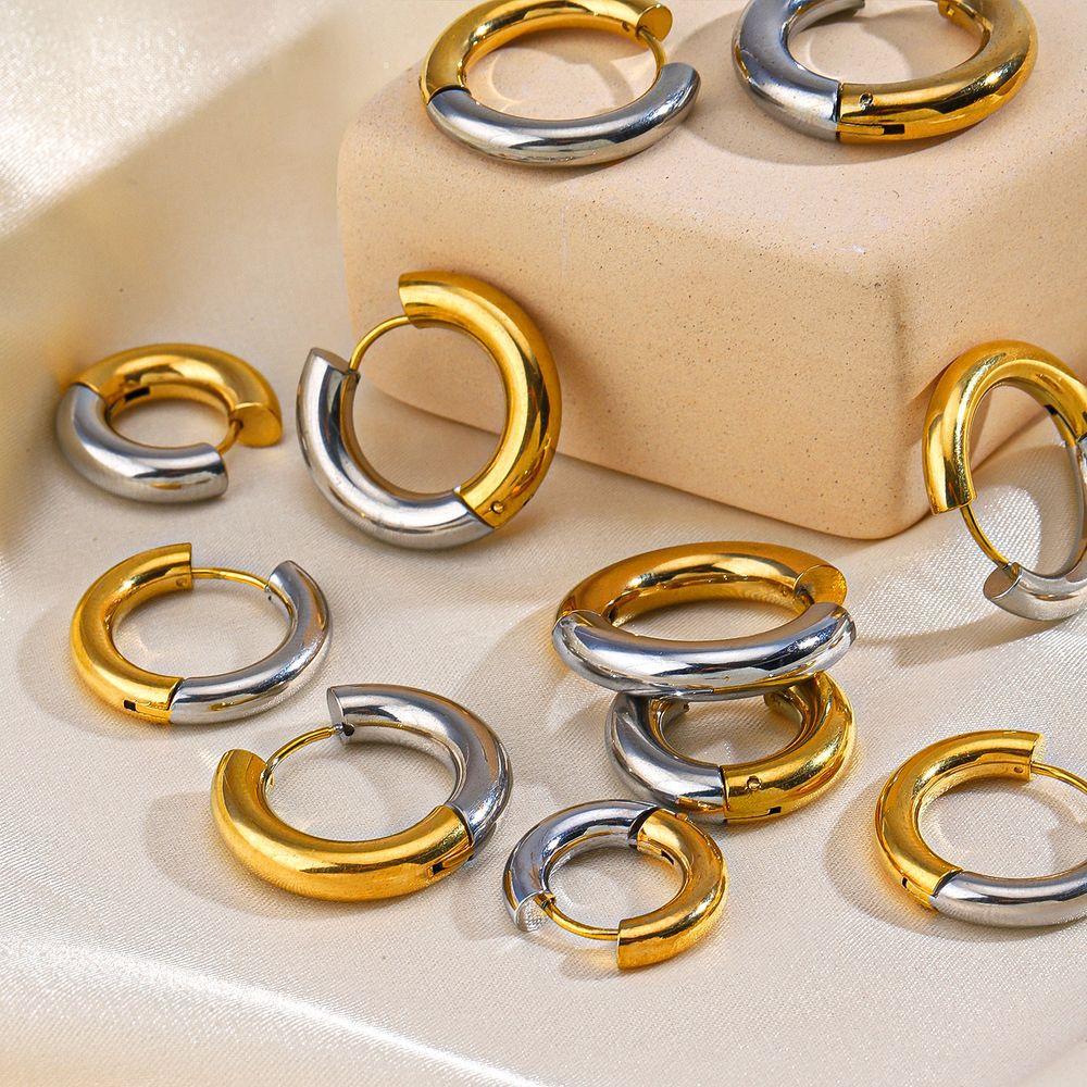 Fashion Gold Silver Double Colors Stainless Steel Gold Plated Huggies Earrings Plain Ring Ear Hoops for Women Punk Jewelry