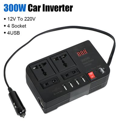 DC 12V To AC 220V Converter Car Inverter Outlets 4 AC Sockets ON/OFF Switch Power Adapter 4 USB Ports Overload Protection 300W
