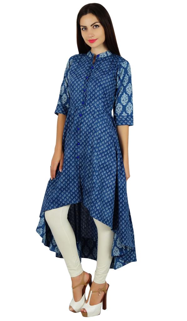 Bimba Womens Kurta Designer Kurti Mandarin Collar Block Print Chic Fashion