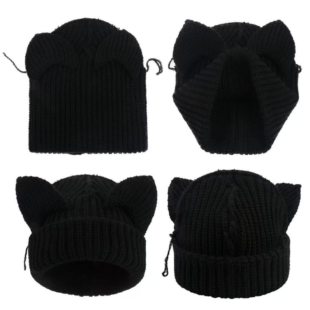 Stretchable Knit Cat Ear Beanie Yarn Striped Beanie Gifts Knitted Beanie Hat  Women and Men