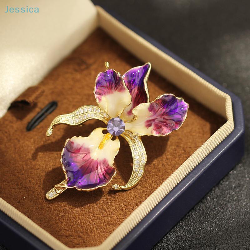 Trendy Enamel Iris Flower Brooch,Sparkling Rhinestone Inlaid Charm Banquet Party Jewelry, Gifts