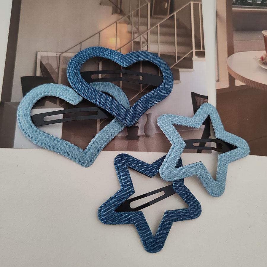 2pc Fashion Denim Velvet Red Heart Star BB Hairpin Hair Side Clips for Women Girls Hair Accessories