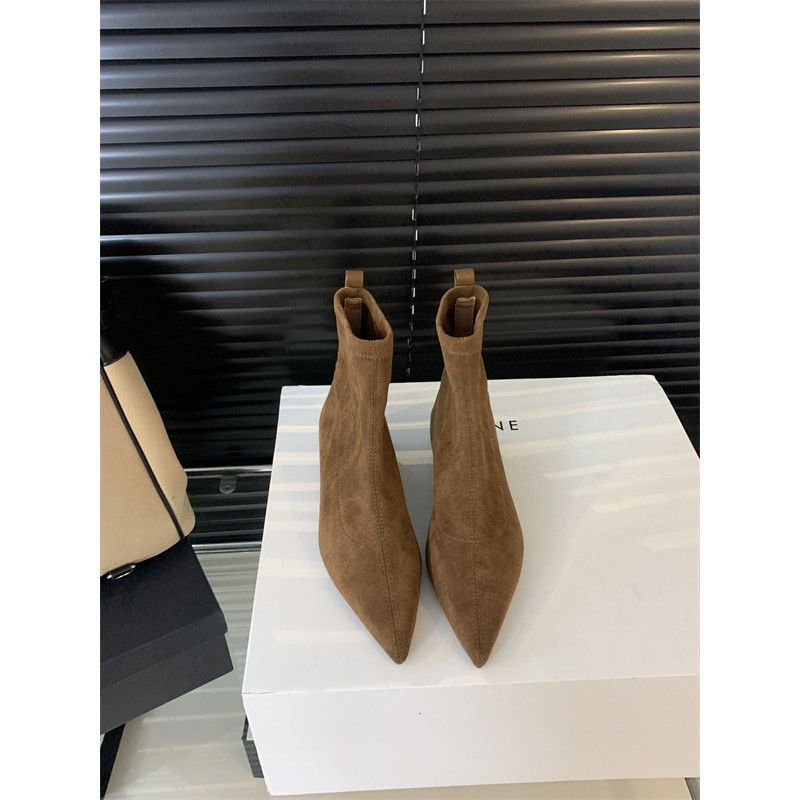 Skinny boots short boots suede British style year matte socks boots flat bottom niche pointed retro design sense