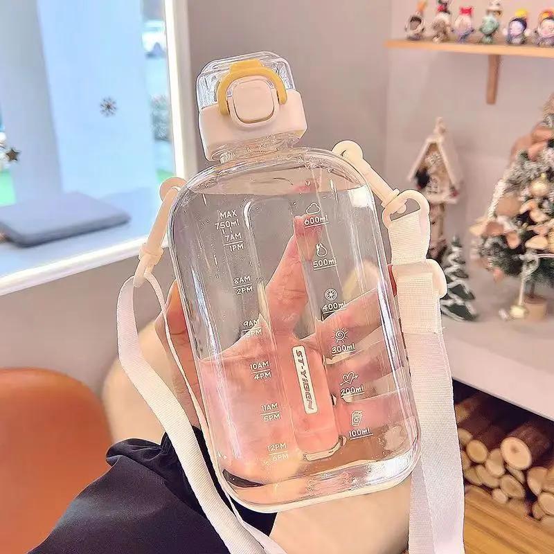 1Pcs Flat Square Transparent Water Bottle Portable Travel Canteen With Adjustable Strap Elegant Slim Bottle For Sport Camping