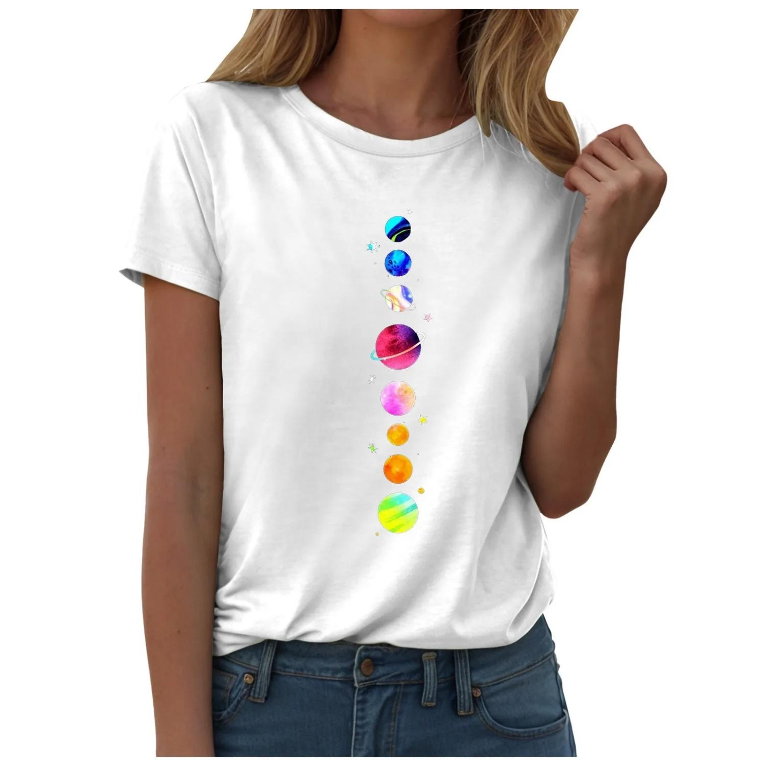 Women Fashion Daily Printed Round Neck Short Sleeved T Shirt Solid Color Casual Loose Graphic Printed Short Sleeved Tops S