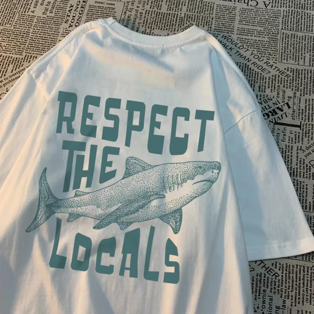 Respect The Locals Shark Printing Tshirt Breathable Street T-Shirt High Quality T Shirts Tee Clothes Summer Cotton Couple Tops
