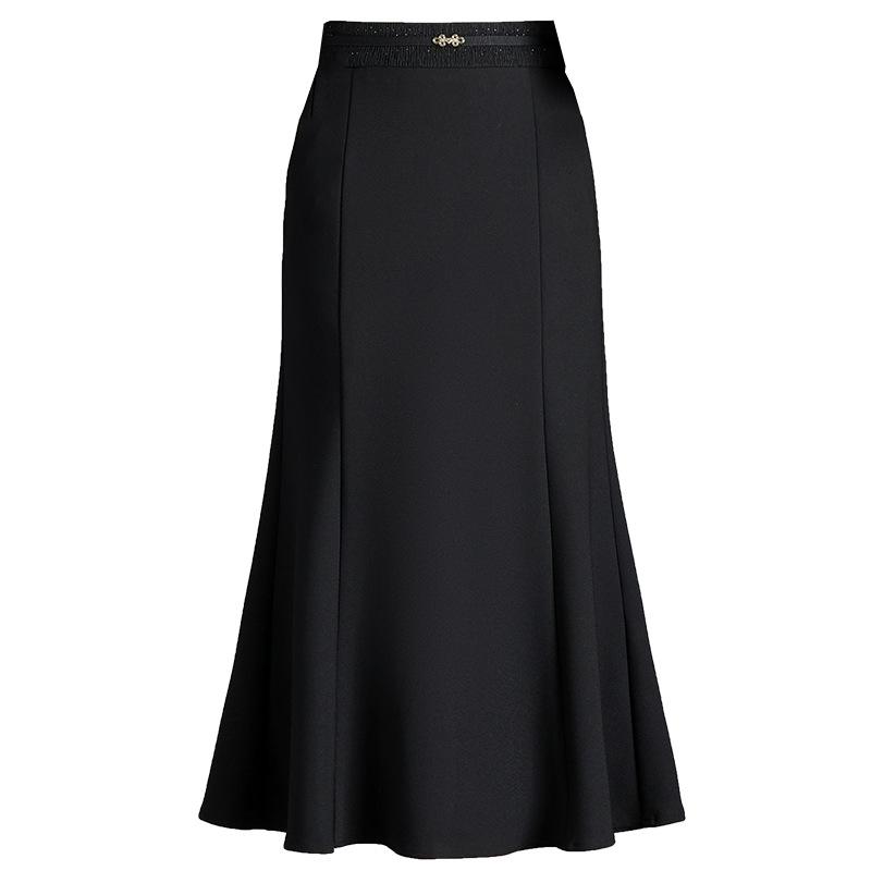 Elegant Black Mid-Length Fishtail Skirt - Autumn/Winter, Elastic High Waist, Plus Size Women's Clothing