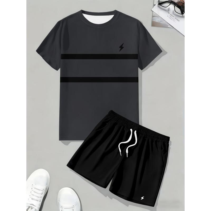 Plus Size Men's Casual Sports Suit Summer Stripes Printed T-Shirt And Shorts Set Breathable Outdoor Leisure Two Piece Outfit For Adult Men