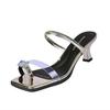 Fairy Feng Shui Diamond Sleeve Toe Sandals Female Summer Fashion Sense Square Head Transparent Word with Middle Heel Thin Heel Cool Slippers
