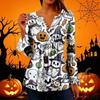 Women's Halloween Print V-Neck Long Sleeve T-Shirt with Sleeves and Pleated Button Front