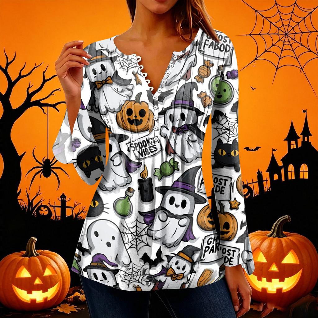 Women's Halloween Print V-Neck Long Sleeve T-Shirt with Sleeves and Pleated Button Front