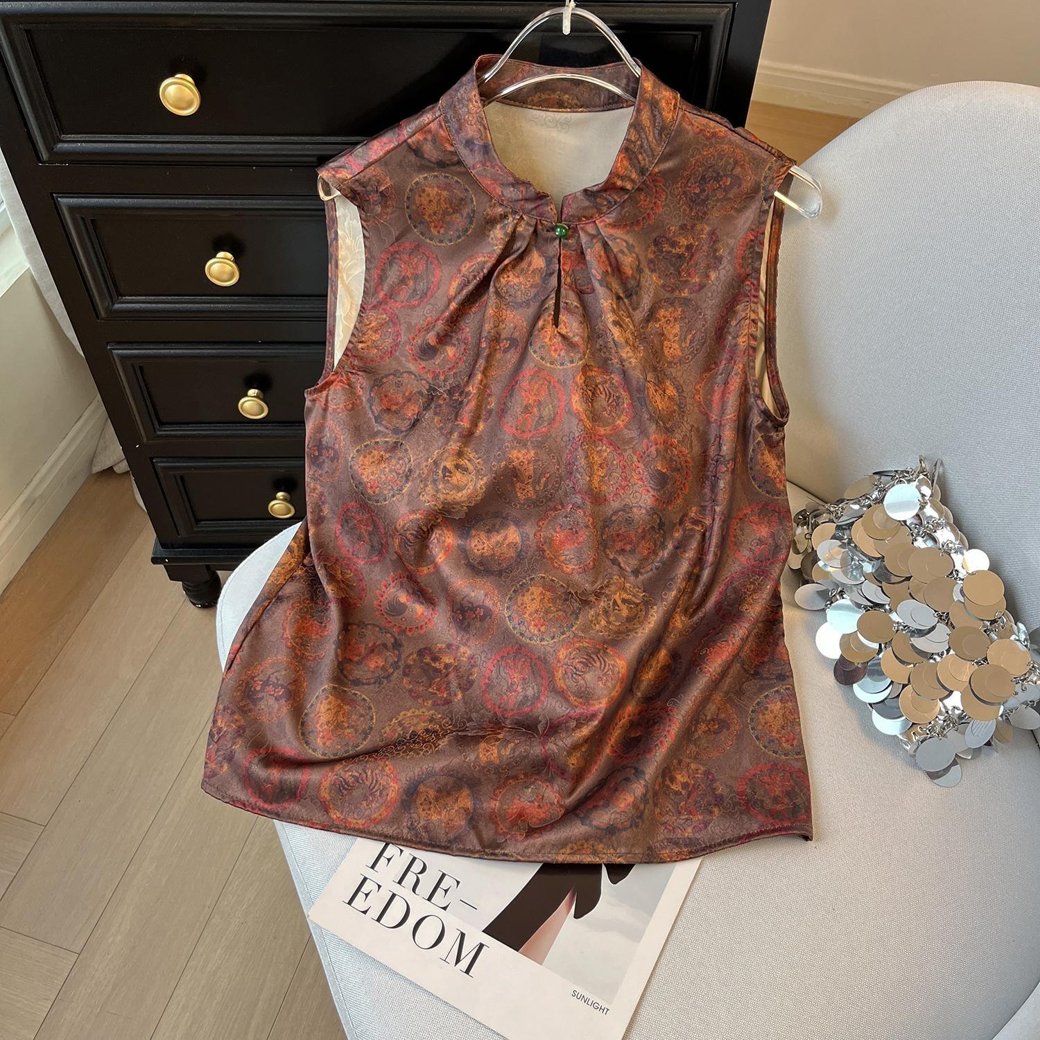 

6604 ретро жаккардовый жилет с воротником-стойкой, диагональной застежкой на пряжки, женский летний новый уникальный и красивый жилет 3XL ([Recommended 138-75kg])