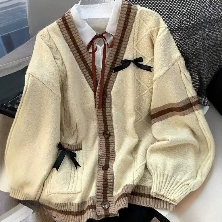 Korean Style Loose Knit Cardigan with Bow Knot - Autumn/Winter 2026