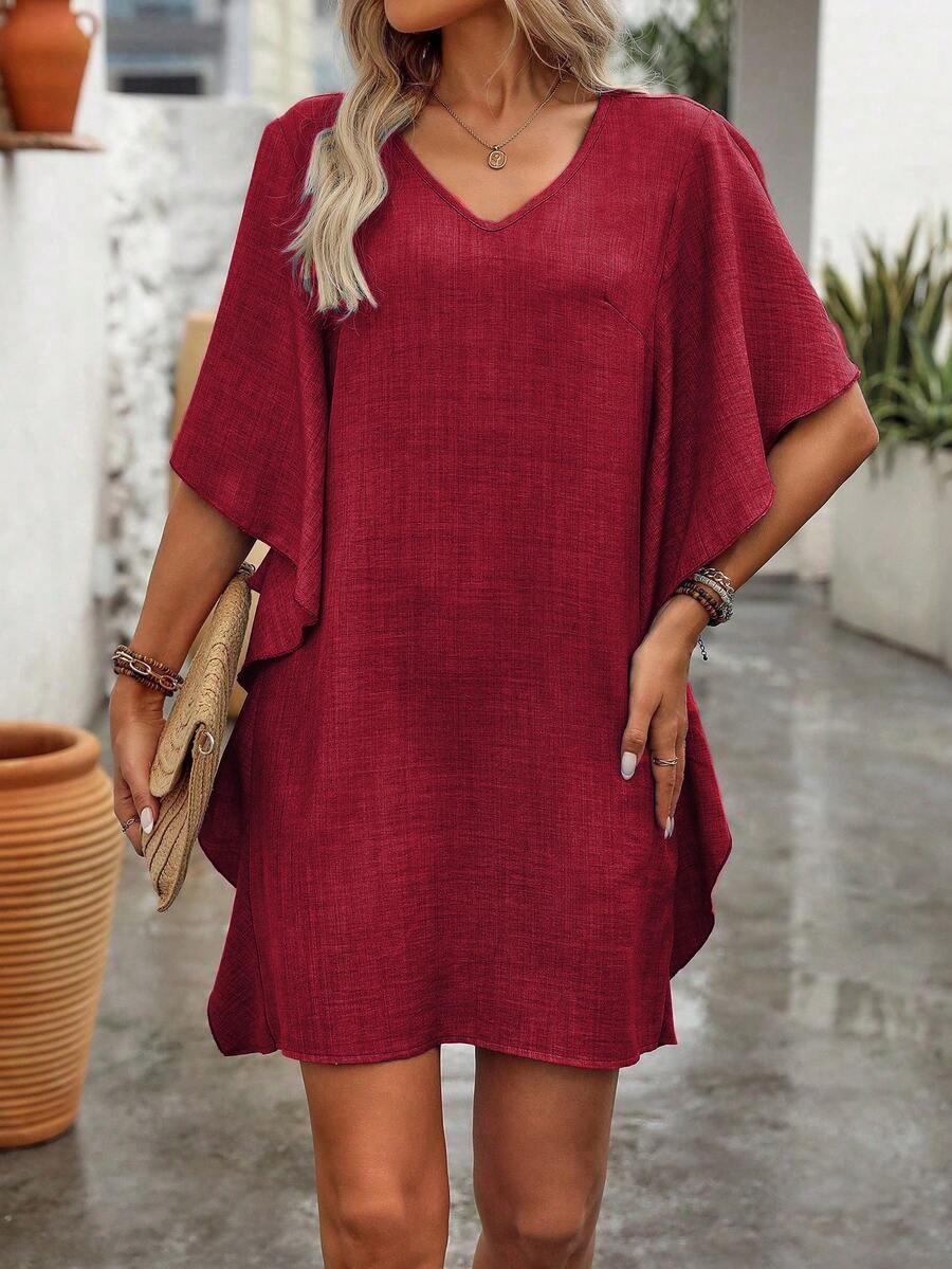 2026 Summer Women s European & American V-neck Solid Color Loose Ruffle Dress L красный