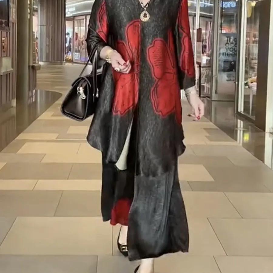 

Женский летний комплект: Комплект из двух предметов: рубашка средней длины свободного кроя + брюки-капри. Элегантный ансамбль для зрелых мам. 5XL красный