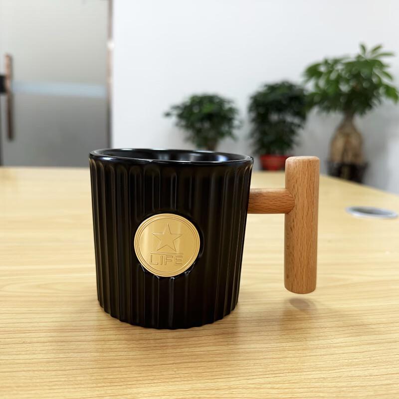 Duoli Creative Ceramic Mug with Wooden Handle and Copper Accent