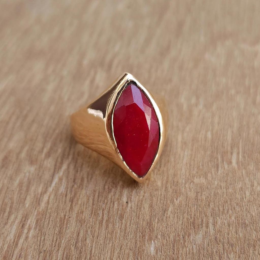 Marquise Raw Red Ruby Sterling Silver Rose Gold Overlay Ring Jewelry, Handmade Unisex Signet Ring Jewelry