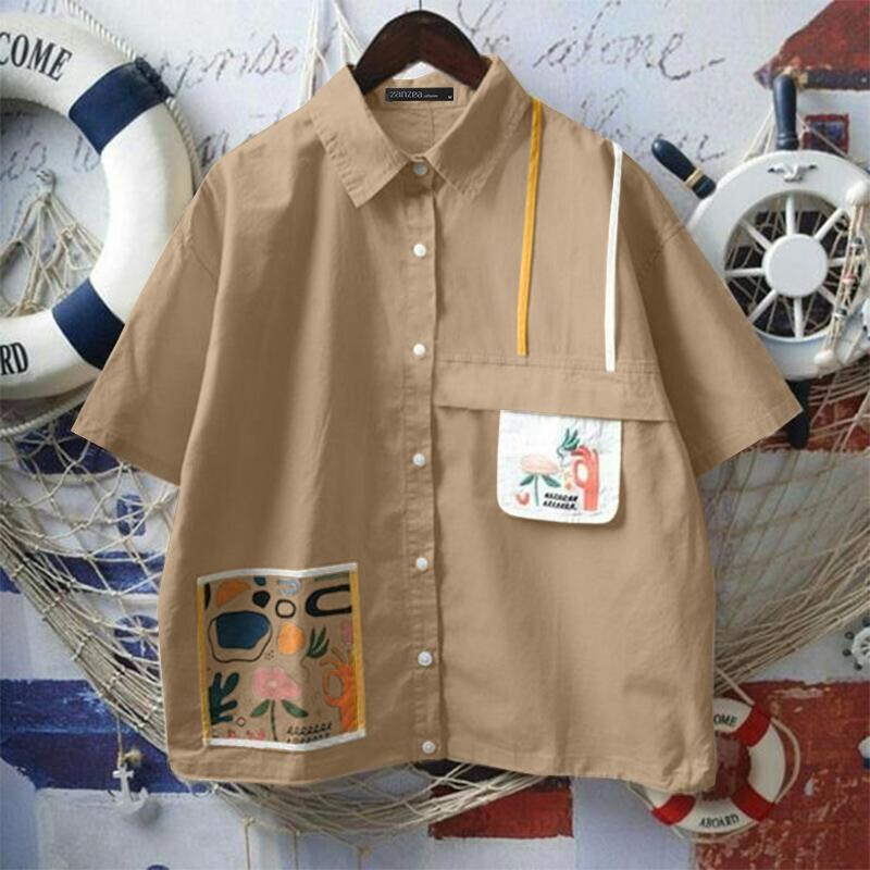 

ZANZEA Женские летние рубашки с воротником, с коротким рукавом, с принтом, свободного кроя XL хаки