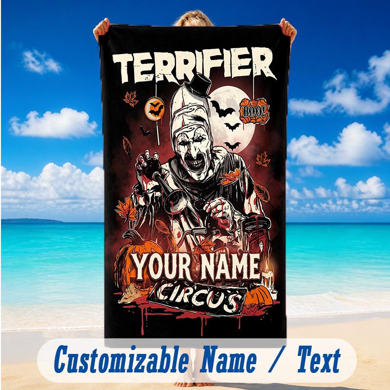 Beach Towel Custom Name Text, Quick Dry Large Towel For Beach HomeTerrifier Art the Clown