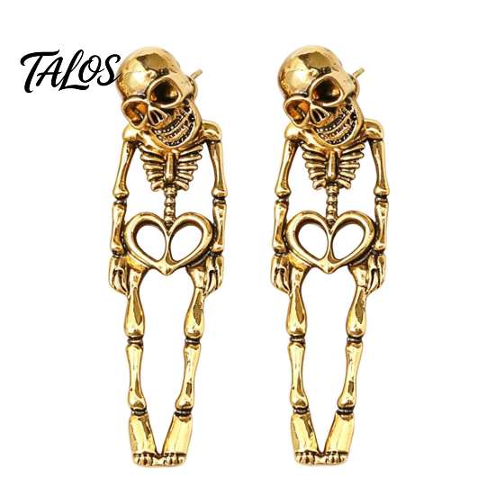 Vintage Metal Texture Skull Earrings 2Pcs Skeleton for Women, Gothic Alloy Drop Earrings, Hypoallergenic Punk Dark Aesthetic Fashion Jewelry