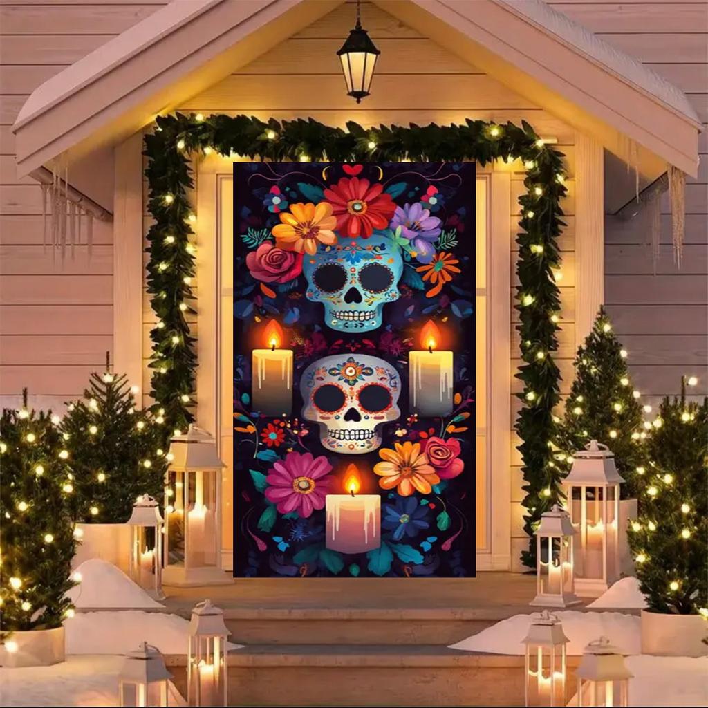 Copri Porta Giorno dei Morti Messicano Sfondo Scena Giorno dei Morti Decorazione Festa Fiore Messicano Teschio Scheletro Candela Striscione Festa