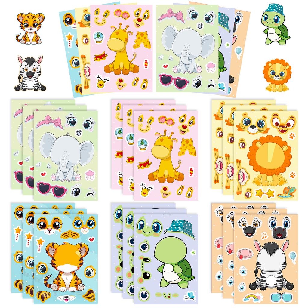 6 Blatt Niedliche Kinder DIY Puzzle Sticker Spiele 6 Tiere Gesicht machen Lustig Zusammenbauen Jigsaw Sticker Kinder Lernspielzeug