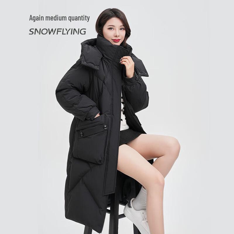 SNOWFLYING Women's Mid-Length Thick Duck Down Jacket with Detachable Hood