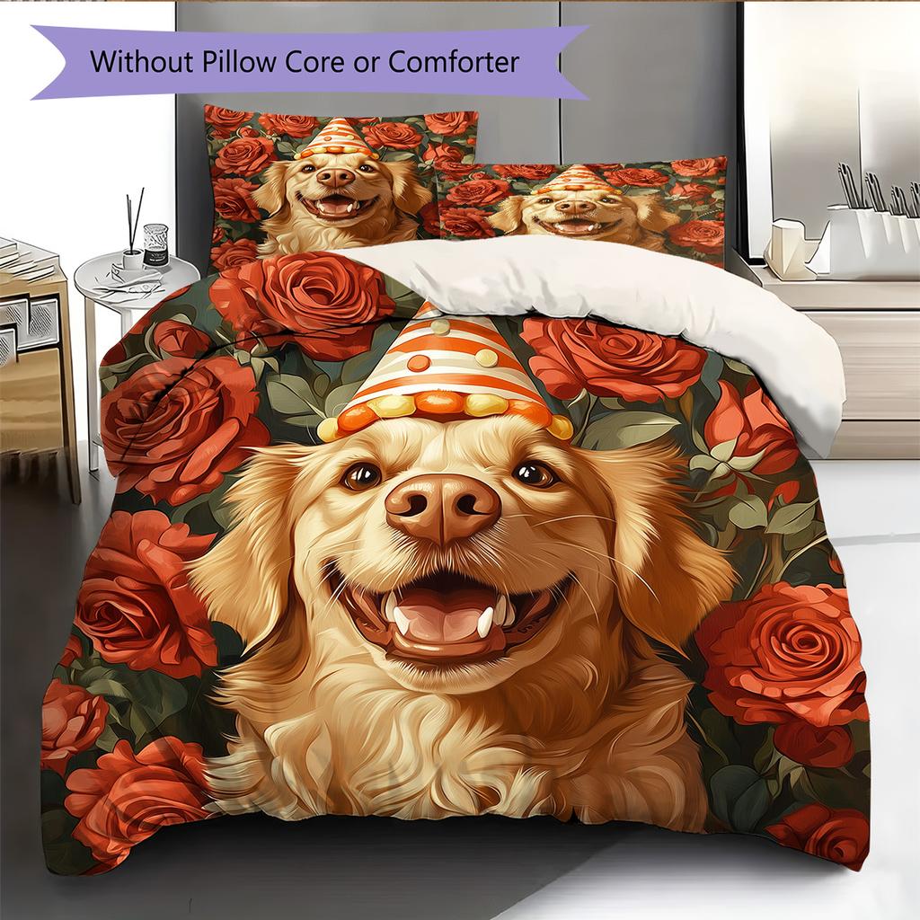 Rose Dog with Birthday Hat Pattern Bedding Quilt Set Home Decoration Gift (1 * duvet cover + 2 * pillowcase without core)