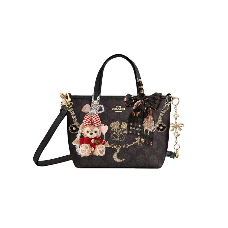

COACH handbag [Customized bag] City 15 brand logo detachable shoulder strap rose print chain bow extension chain ribbon Retro flowing gold basic model чорний