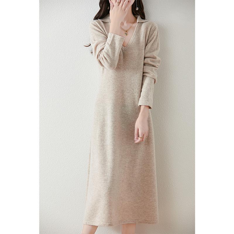 Women's 100% Pure Wool Mid-Length Knit Sweater Dress - Slimming Autumn/Winter Base Layer Long Skirt