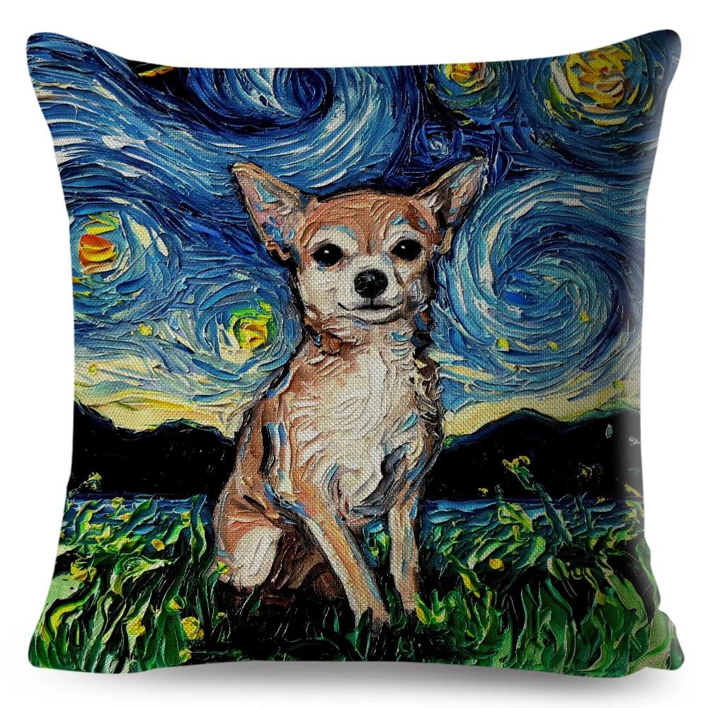 Both Sided Starry Sky Dog Cushion Cover Decor Oil Painting Cartoon Pet Animal Pillow Case for Sofa Home  Linen Pillowcase