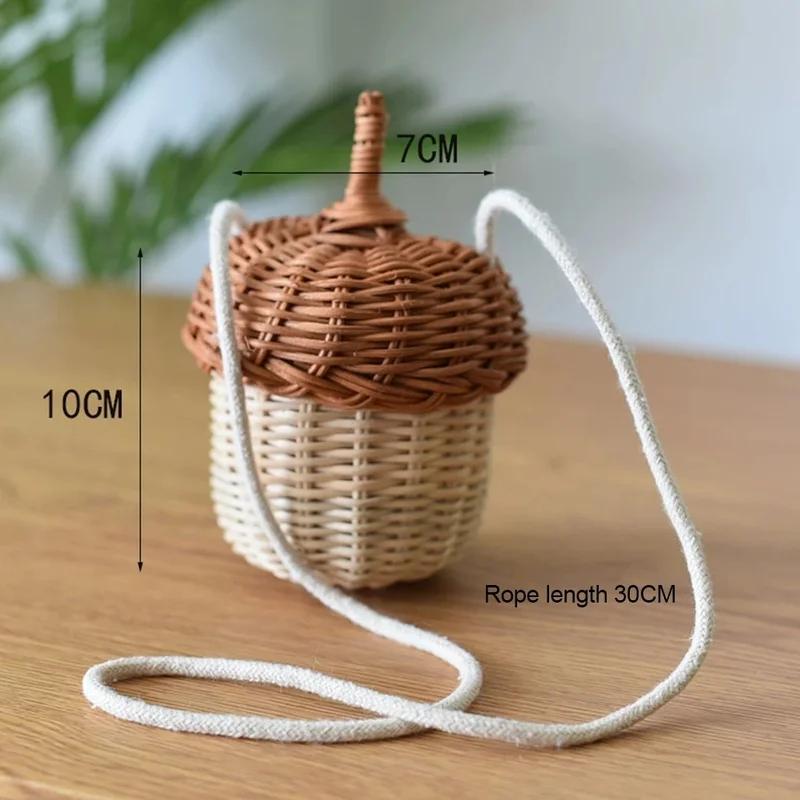 New Acorn-shaped Storage Basket Hand-woven Round Rattan Bag Bucket Tropical Beach Style Woven Shoulder Bag Photo Props
