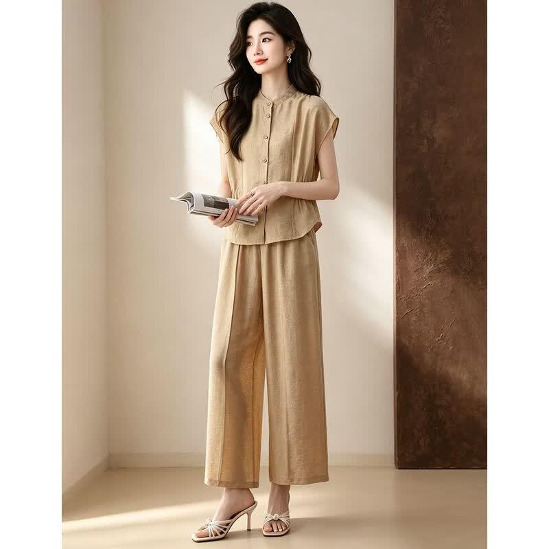 D.F.DEAR Women's Textured Top and Wide-Leg Pants Set