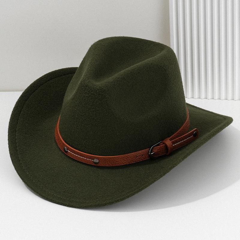 Western Cowboy Hat Men's and Women's Felt Top Hat Metal Rivet Leather Square Buckle Belt Hat Party Jazz Hat