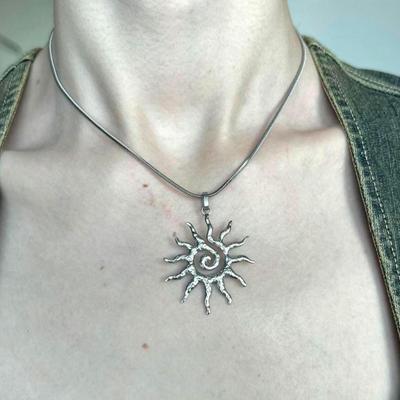 Stainless Steel Tribal Spiral Sun Pendant Necklace On Snake Chain - Bohemian Y2K Minimalist Handmade Design