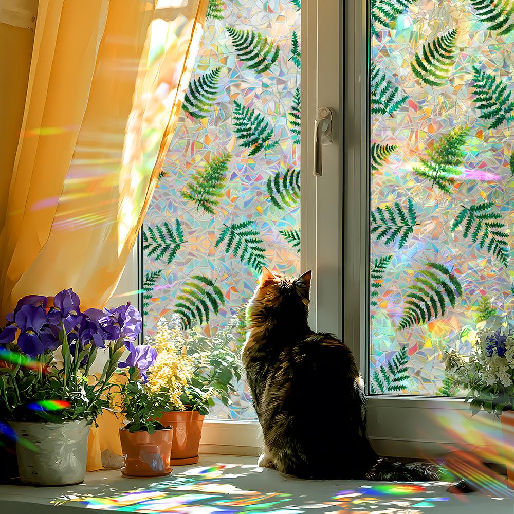 Adesivi Decorativi Colorati a Foglia di Felce Tropicale per Finestra in Vetro Casa