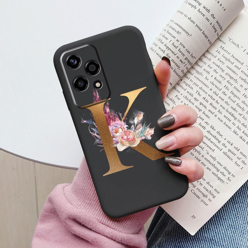 Gold Letter Case For Honor 200 Pro Lite Smart Black Shell Soft Cover For Honor 200Lite Protector Shockproof Funda Pink Flower