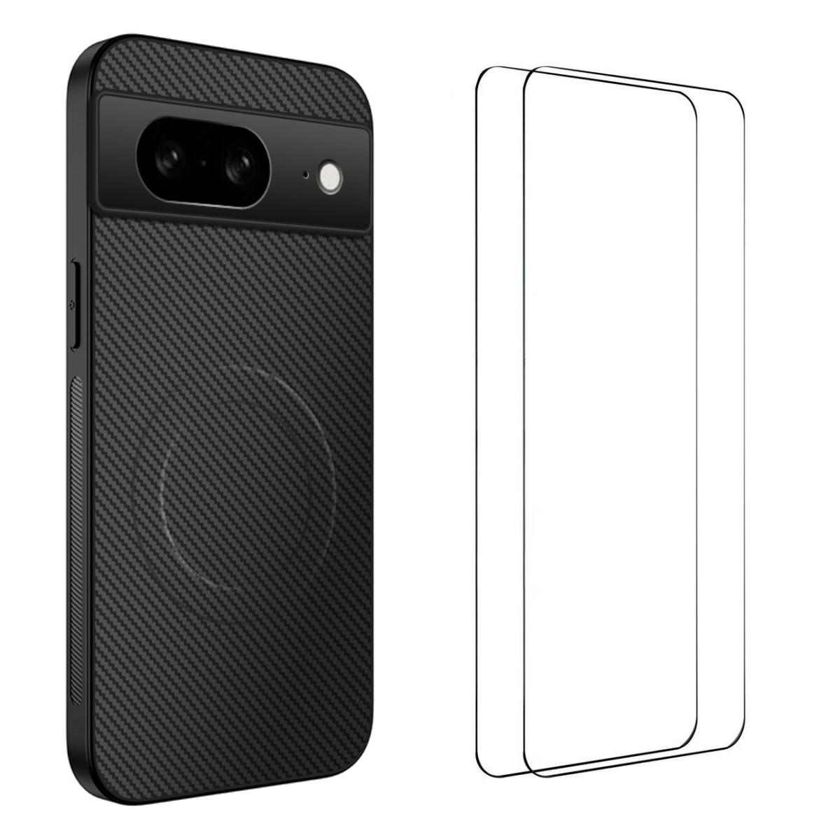 

For Google Pixel 8 Magnetic Case WANLONFENG TQ1 Series Carbon Fiber Texture PC TPU Phone Cover with 2Pcs Screen Films Black
