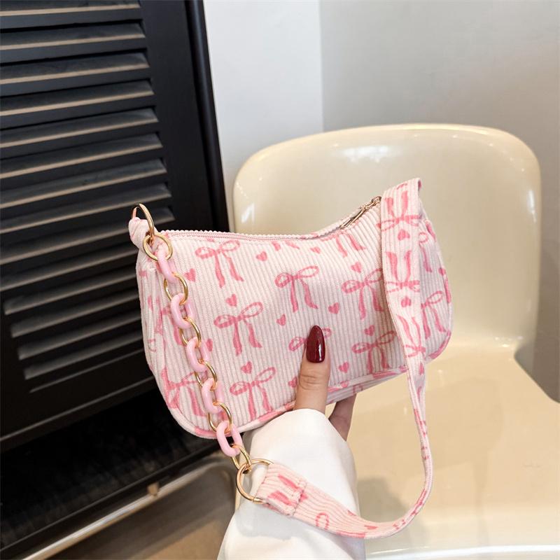 

Yogodlns New Corduroy Single Shoulder Bag Bow Fresh Ladies Bag Chain Strap Bow-Shaped Heart Underarm Bag For Women 23x8x14cm розовый