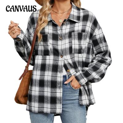 Spring and Autumn Jacket Women's Blouse Plus Size Lapel Long Sleeve Pocket Button Plaid Shirt