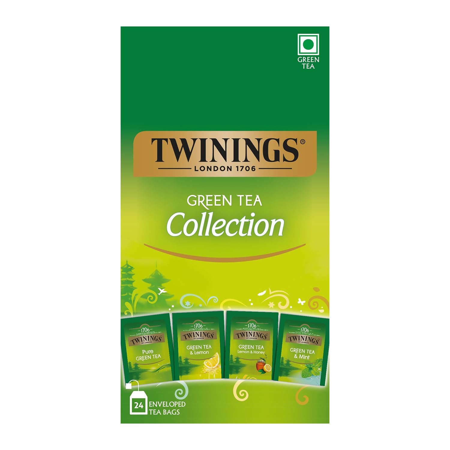 Twinings Green Tea Collection, 4 Flavours (Pure, Mint, Lemon, Honey), 24 Enveloped Tea Bags, 48gm