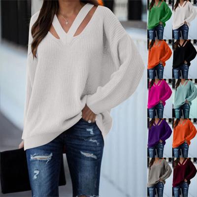 Women's Fashion Loose V-neck Long Sleeve Knit Personality Solid Color Casual Sweater